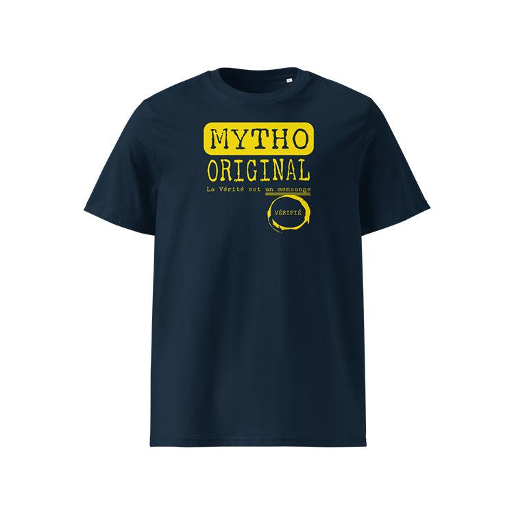 T-shirt unisexe french navy, vu de face et portant le design "Mytho Original" coloré en jaune soleil