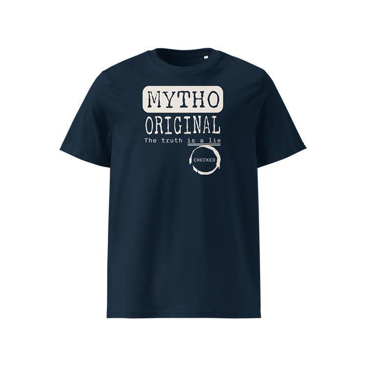 T-shirt unisexe french navy, vu de face et portant le design "Mytho Original" en version anglaise et coloré en blanc craie