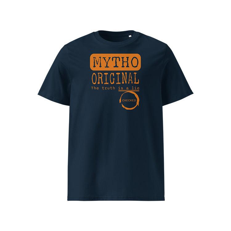 T-shirt unisexe french navy, vu de face et portant le design "Mytho Original" en version anglaise et coloré en mandarine