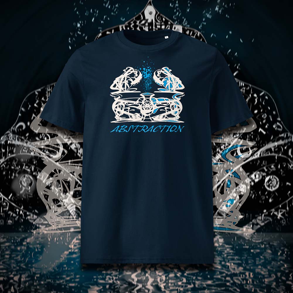   T-shirt unisexe french navy, vu de face et portant le design "Abstraction 1" coloré en blanc craie et cyan