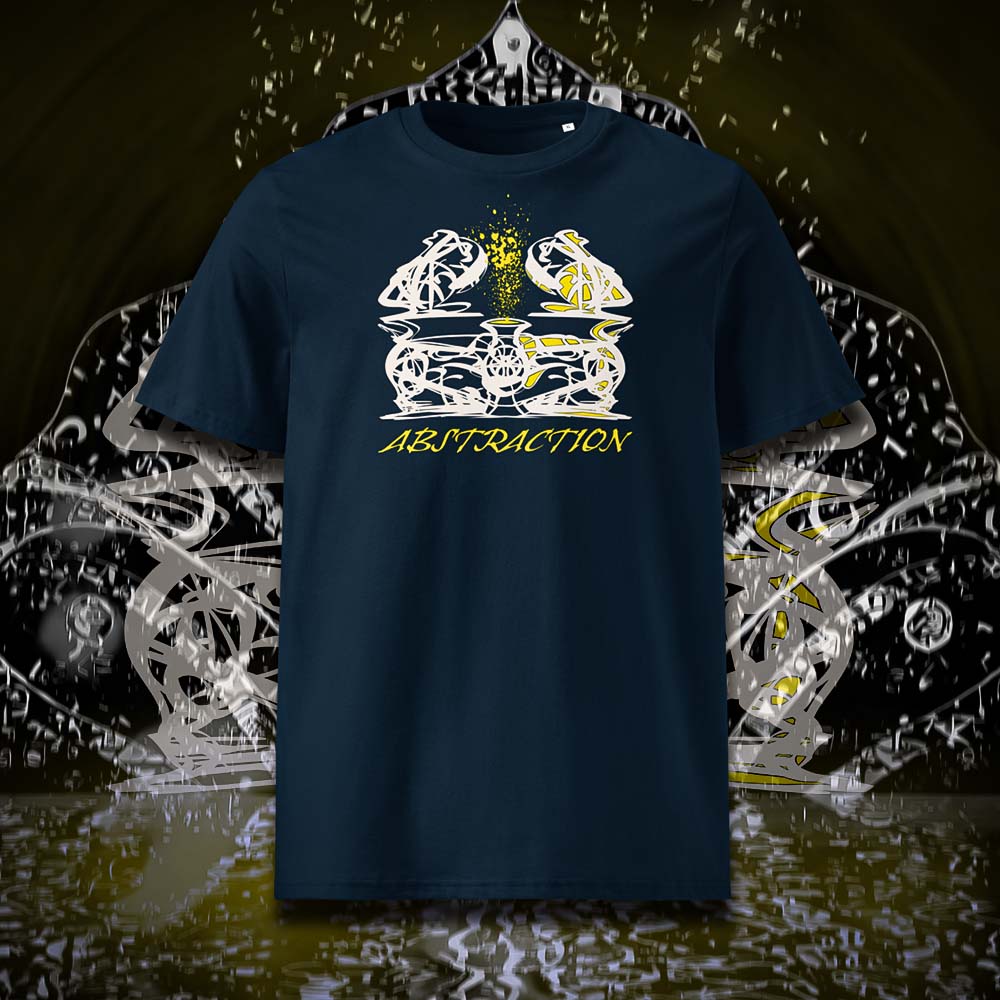 T-shirt unisexe french navy, vu de face et portant le design "Abstraction 1" coloré en blanc craie et jaune soleil