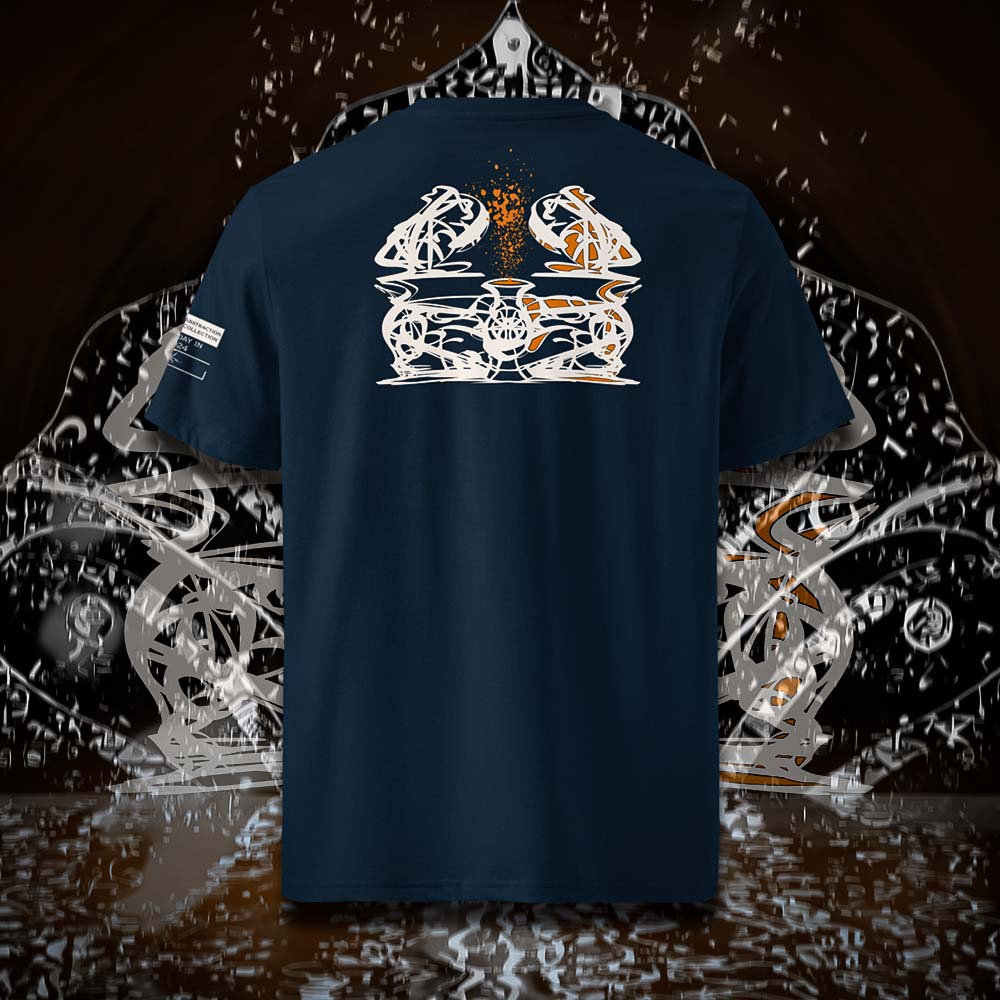 T-shirt unisexe french navy, vu de dos et portant le design "Abstraction 1" coloré en blanc craie et mandarine