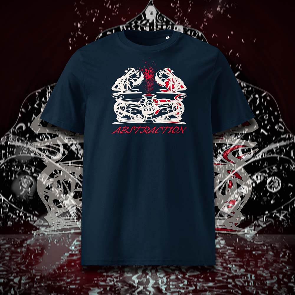 T-shirt unisexe french navy, vu de face et portant le design "Abstraction 1" coloré en blanc craie et rouge écarlate