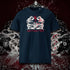 T-shirt unisexe french navy, vu de face et portant le design "Abstraction 1" coloré en blanc craie et rouge écarlate