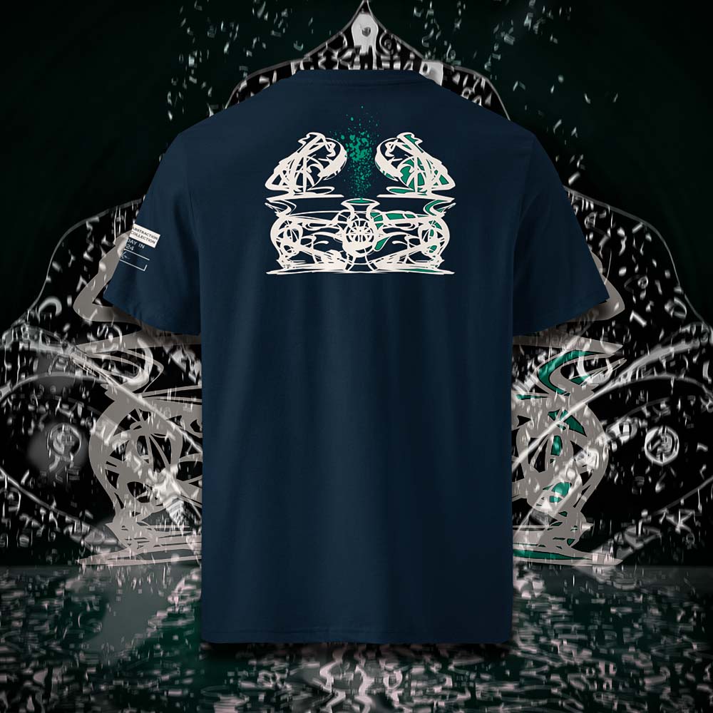 T-shirt unisexe french navy, vu de dos et portant le design "Abstraction 1" coloré en blanc craie et vert émeraude