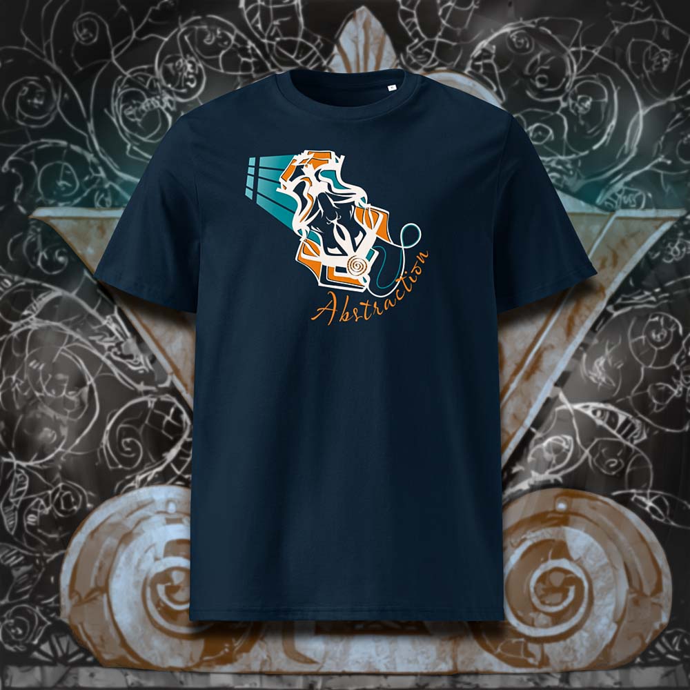 T-shirt unisexe french navy, vu de face et portant le design "Abstraction 2" coloré en blanc craie et mandarine