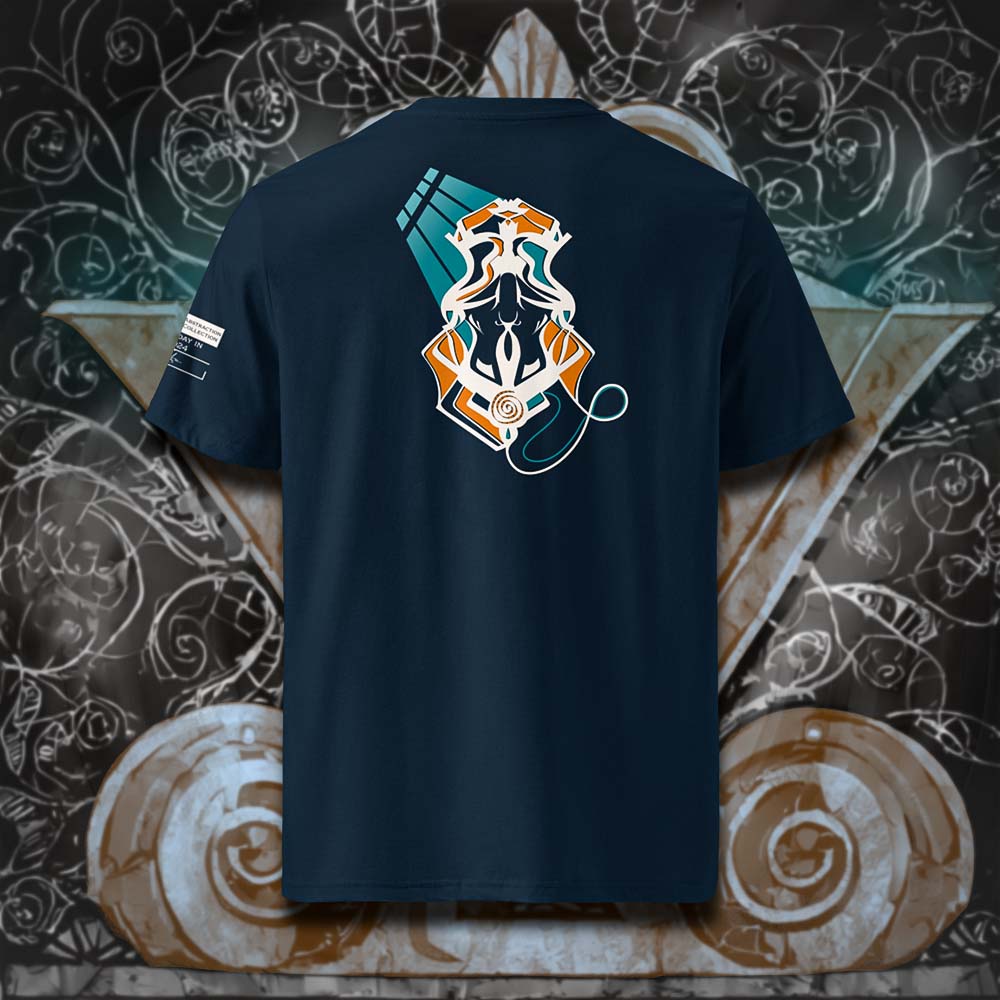 T-shirt unisexe french navy, vu de dos et portant le design "Abstraction 2" coloré en blanc craie et mandarine