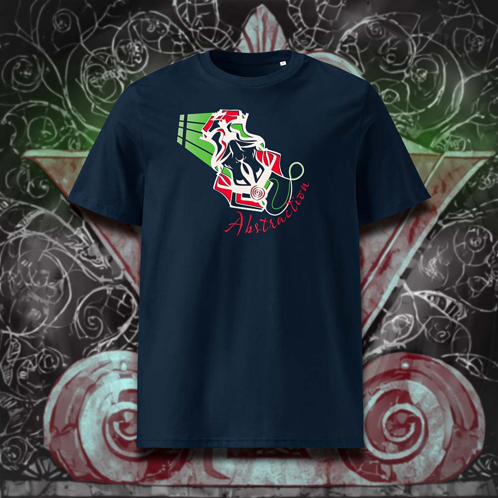 T-shirt unisexe french navy, vu de face et portant le design "Abstraction 2" coloré en blanc craie et rouge écarlate