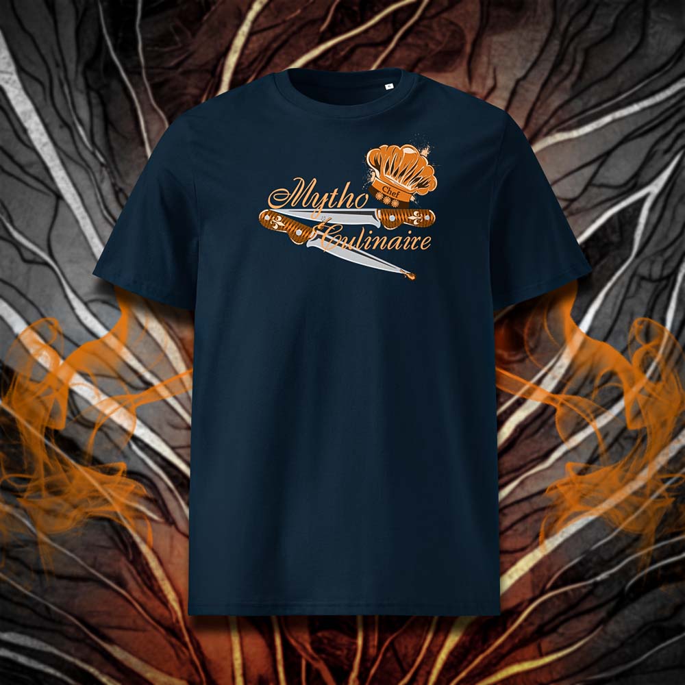 T-shirt unisexe french navy, vu de face et portant le design "Mytho Culinaire" coloré en mandarine