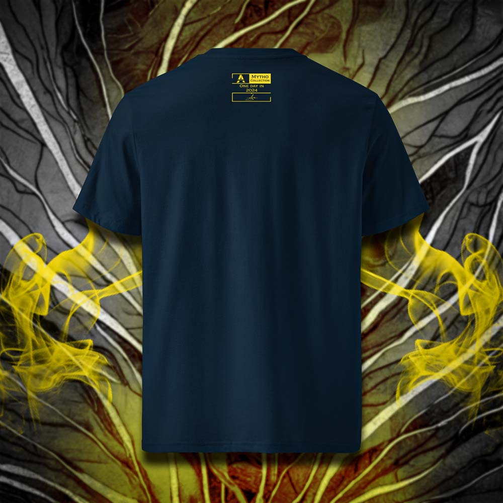 T-shirt unisexe french navy, vu de dos et portant l'étiquette de la collection "Mytho" coloré en jaune soleil