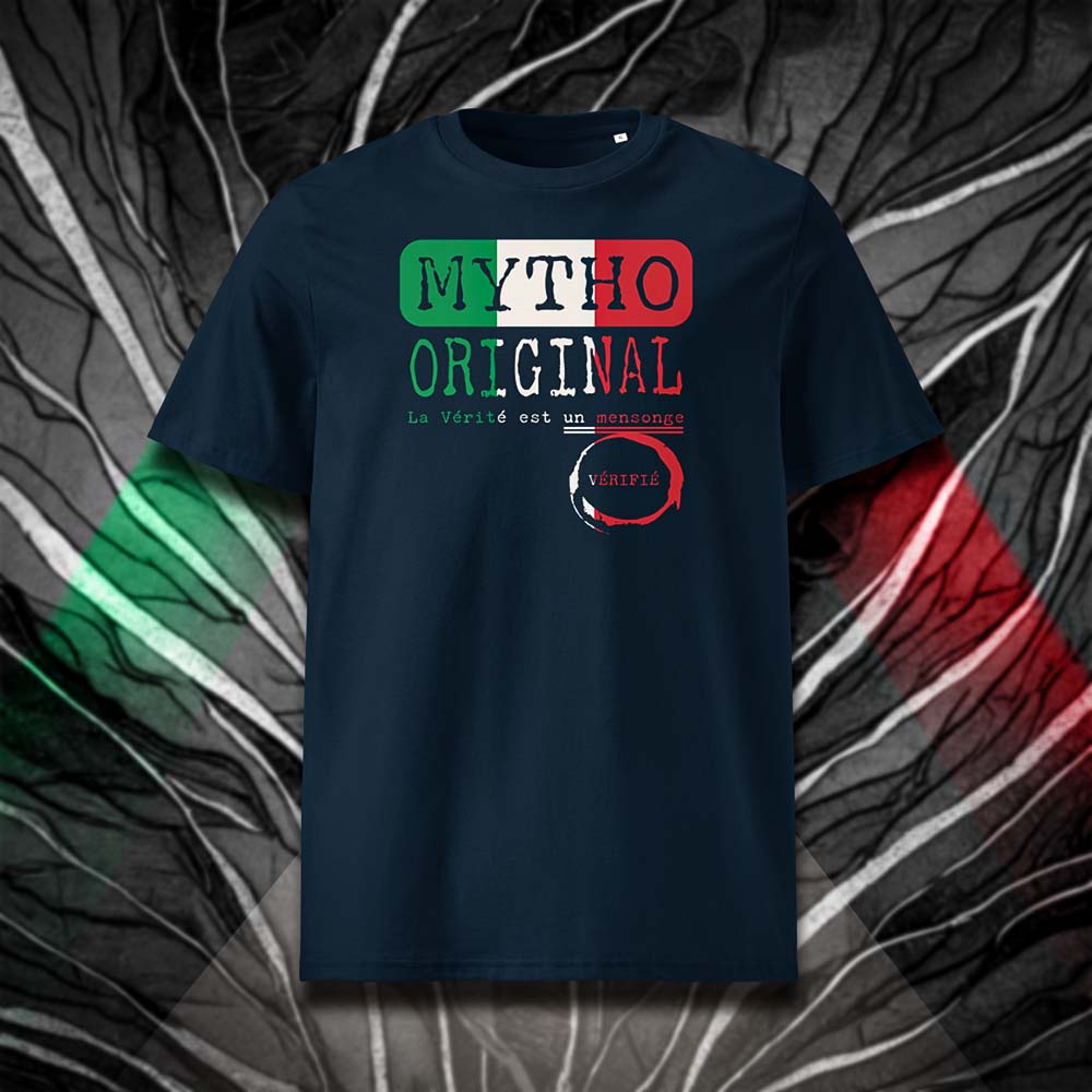 T-shirt unisexe french navy, vu de face et portant le design "Mytho Original" aux couleurs de l'Italie