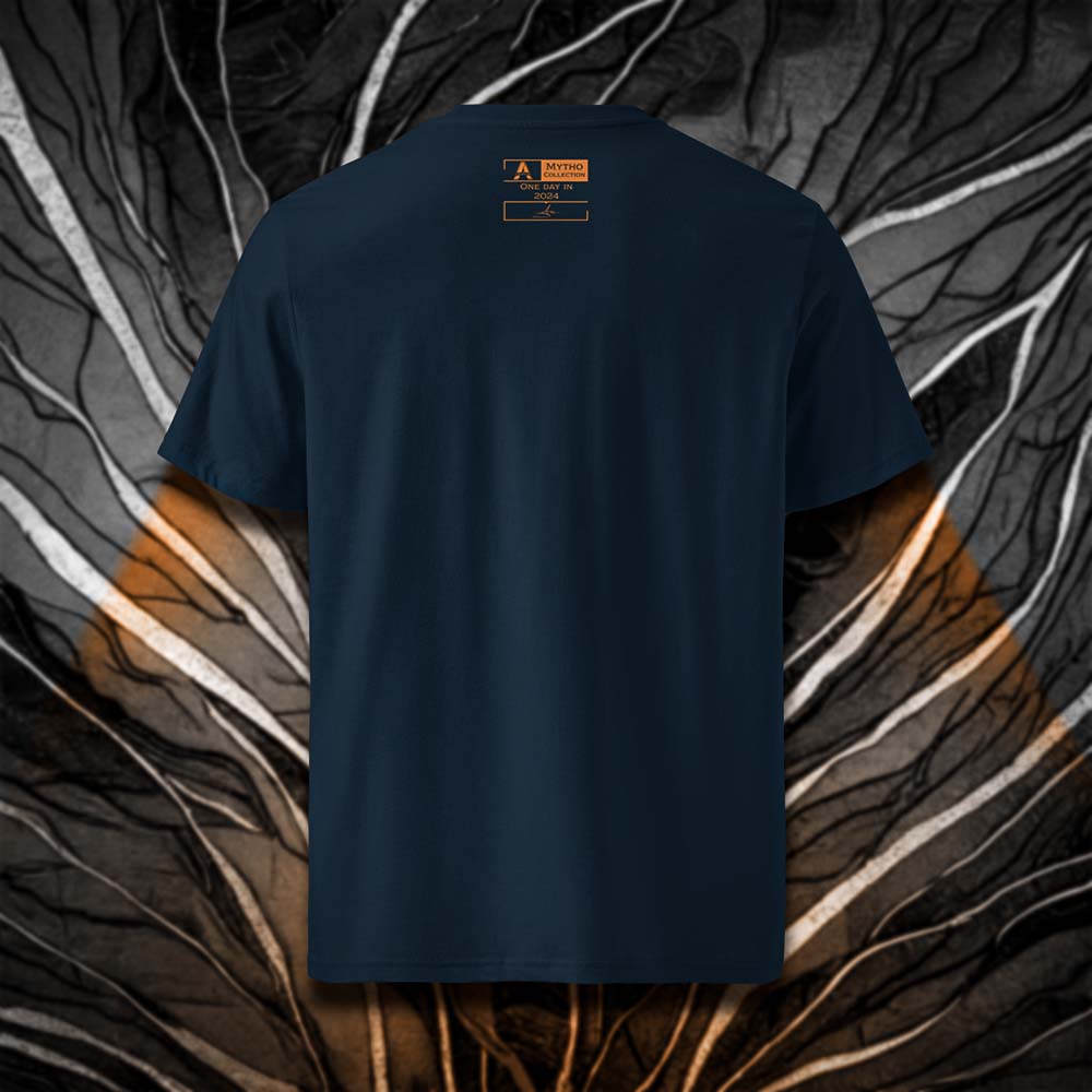 T-shirt unisexe french navy, vu de dos et portant l'étiquette de la collection "Mytho" coloré en mandarine