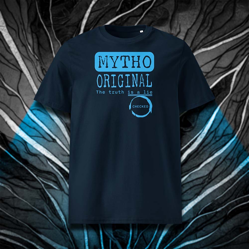 T-shirt unisexe french navy, vu de face et portant le design "Mytho Original" en version anglaise et coloré en cyan