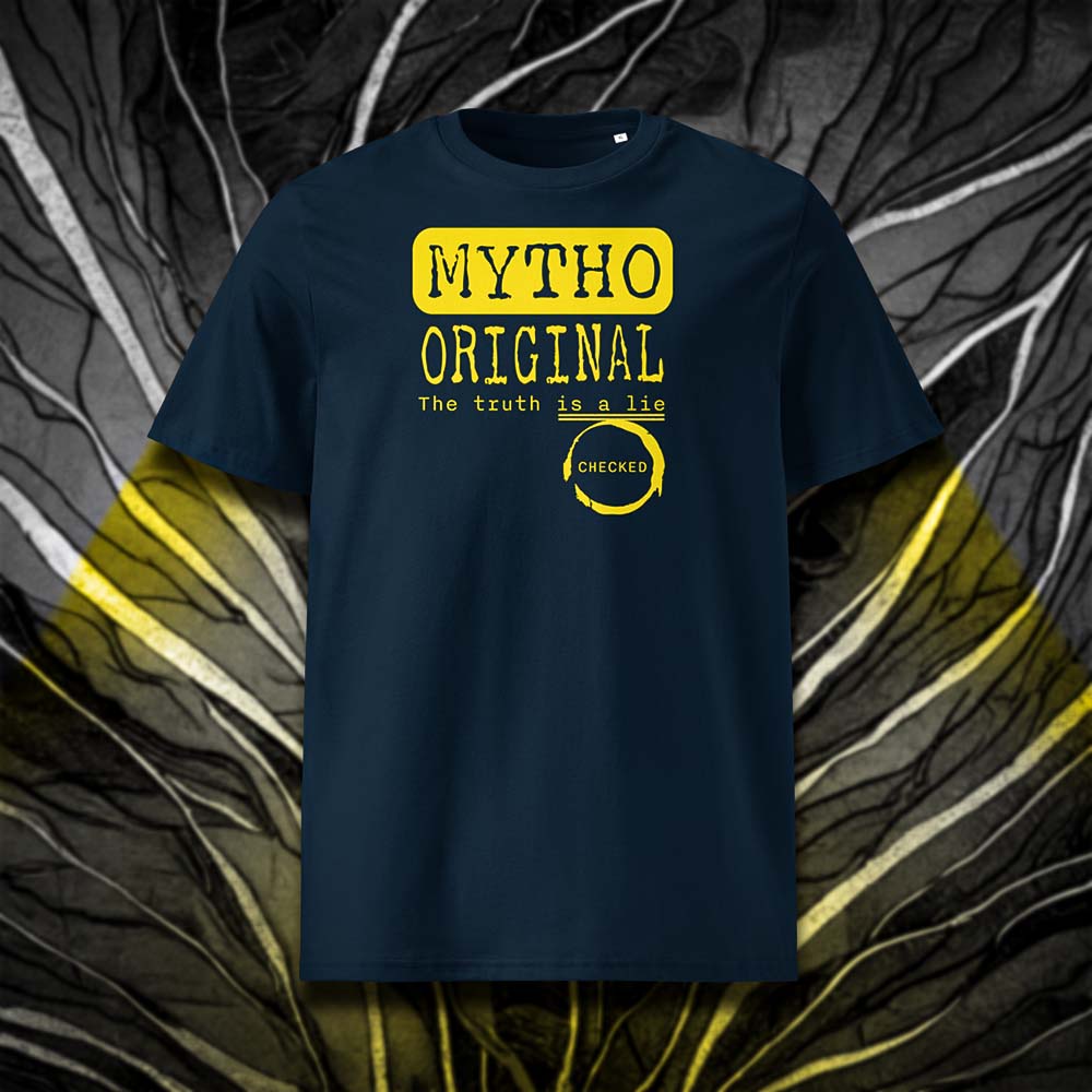 T-shirt unisexe french navy, vu de face et portant le design "Mytho Original" en version anglaise et coloré en jaune soleil