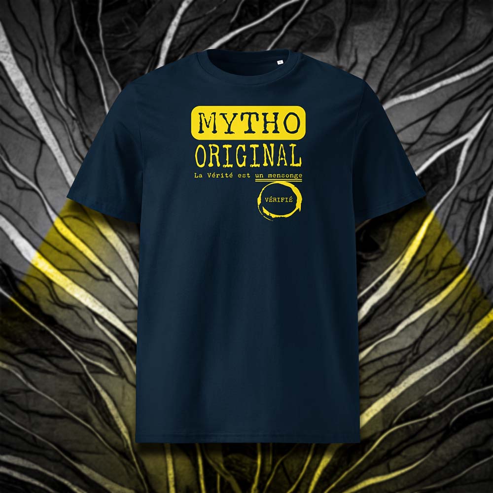 T-shirt unisexe french navy, vu de face et portant le design "Mytho Original" coloré en jaune soleil