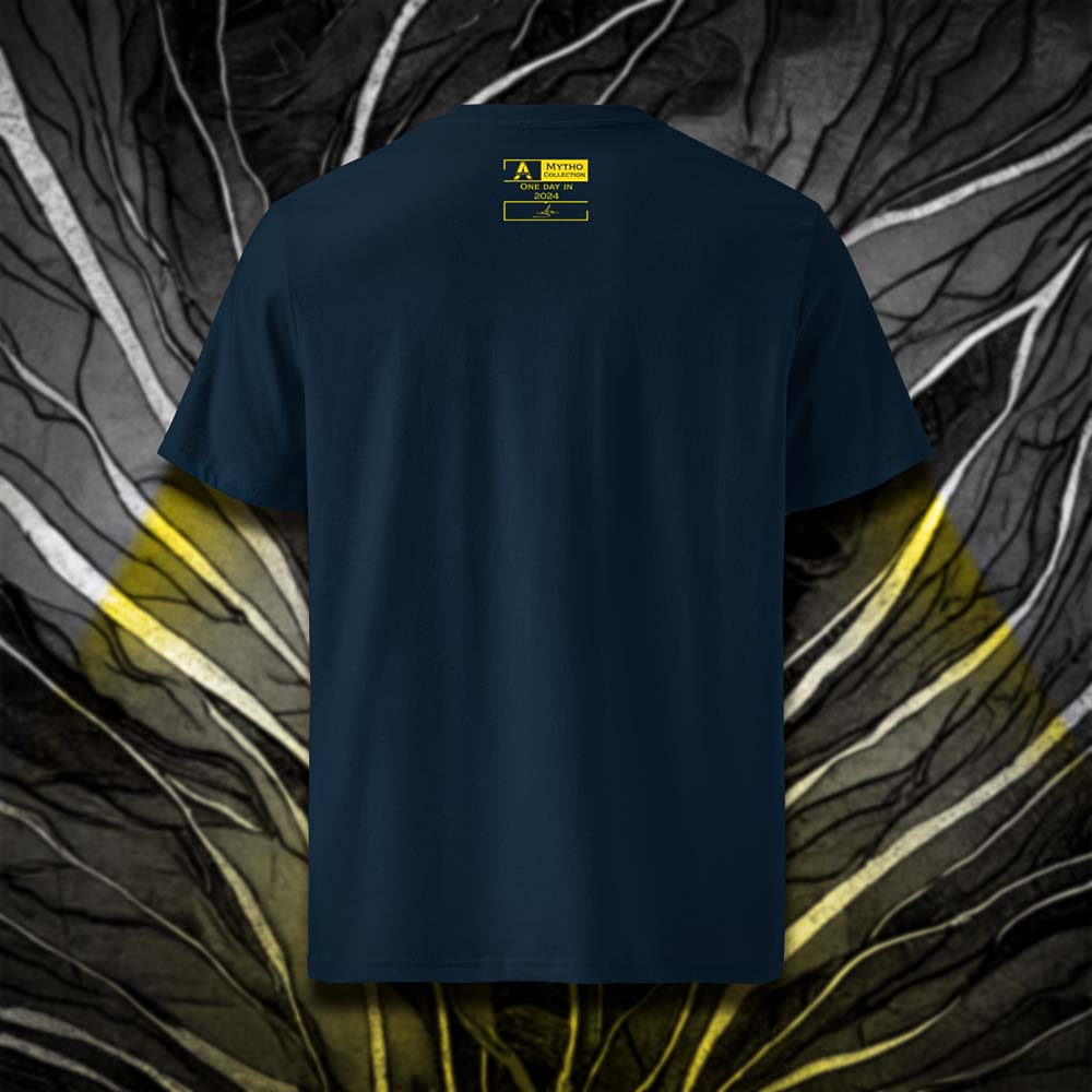 T-shirt unisexe french navy, vu de dos et portant l'étiquette de la collection "Mytho" coloré en jaune soleil