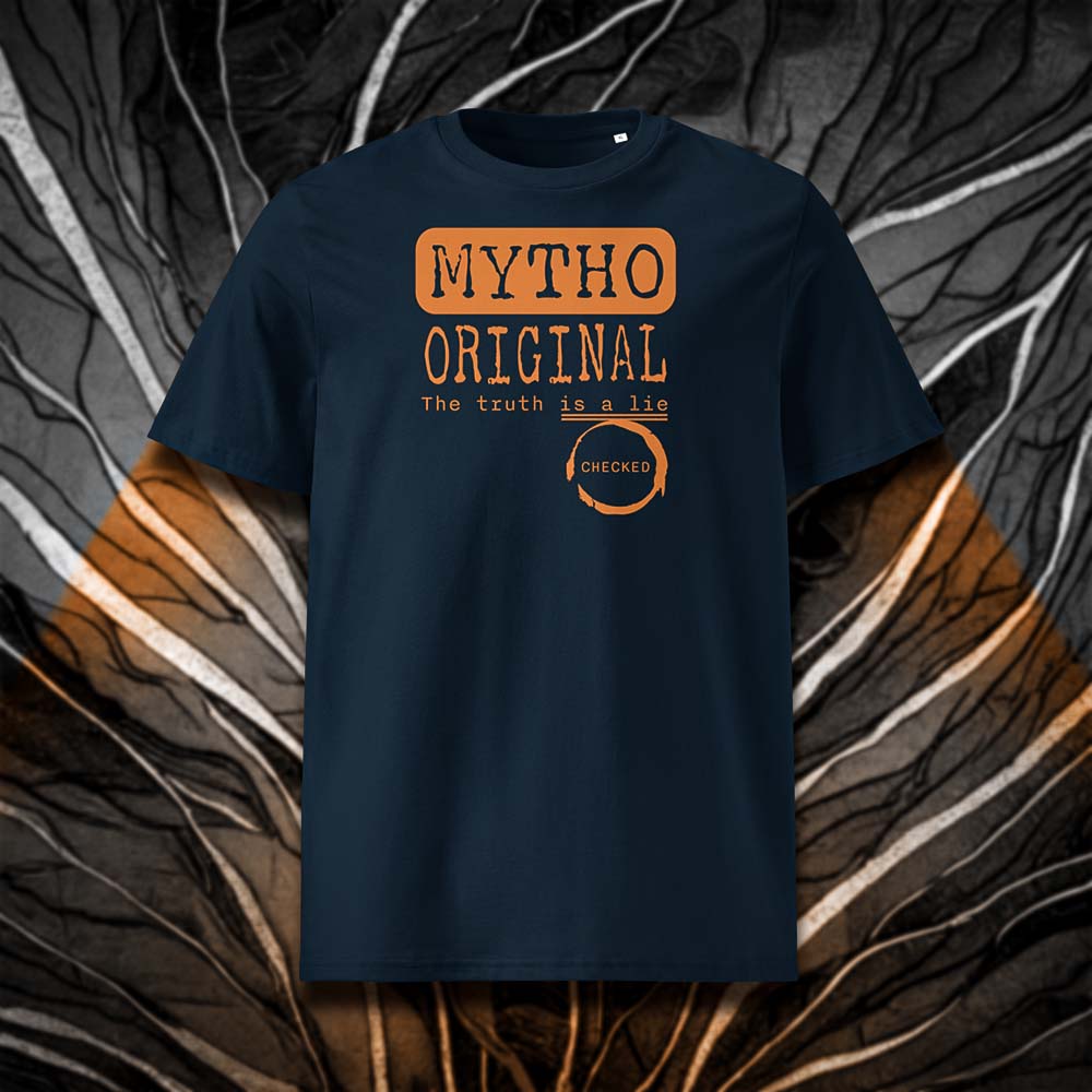 T-shirt unisexe french navy, vu de face et portant le design "Mytho Original" en version anglaise et coloré en mandarine