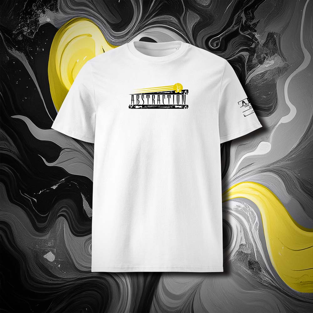 T-shirt unisexe blanc, vu de face et portant le mot abstraction coloré en noir