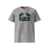 T-shirt unisexe gris clair, vu de face et portant le design "Abstraction 1" coloré en noir et cyan