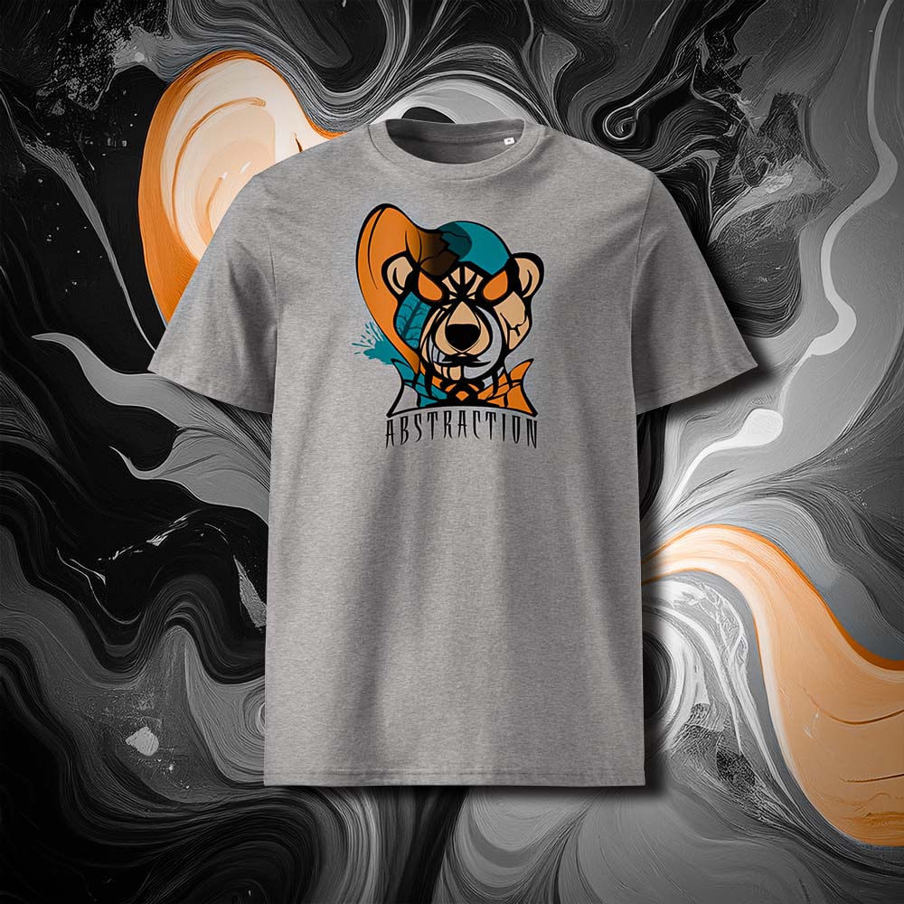 T-shirt unisexe gris clair, vu de face et portant le design "Abstraction 3" coloré en noir et mandarine