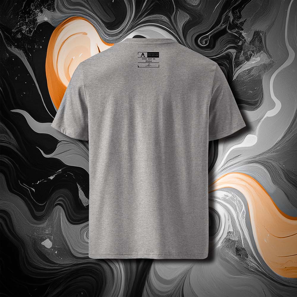 T-shirt unisexe gris clair, vu de dos et portant l'étiquette de la collection "Abstraction" coloré en noir