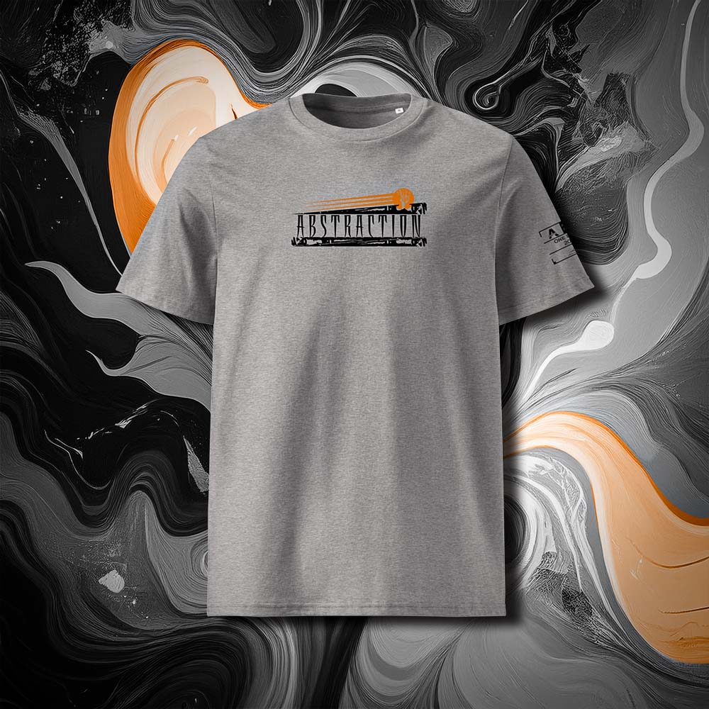 T-shirt unisexe gris clair, vu de face et portant le mot abstraction coloré en noir