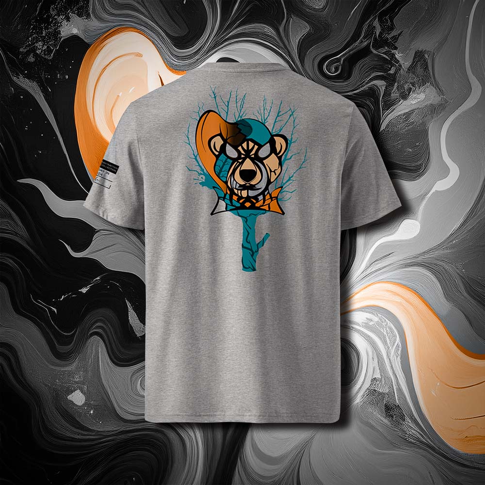 T-shirt unisexe gris clair, vu de dos et portant le design "Abstraction 3" coloré en noir et mandarine