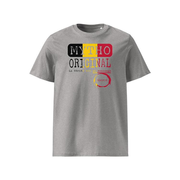 T-shirt unisexe gris clair, vu de face et portant le design "Mytho Original" aux couleurs de la Belgique