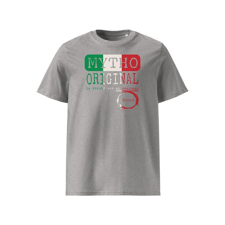 T-shirt unisexe gris clair, vu de face et portant le design "Mytho Original" aux couleurs de l'Italie