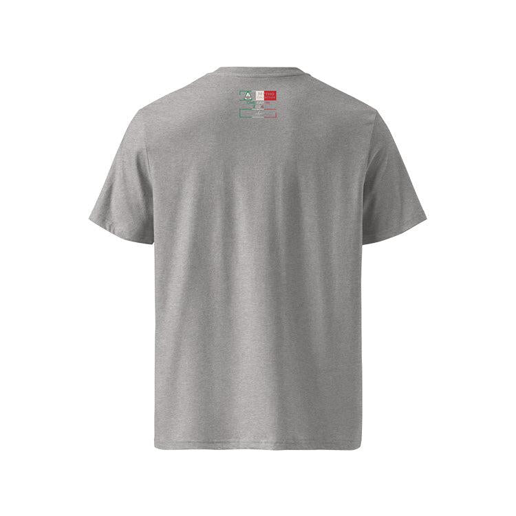 T-shirt unisexe gris clair, vu de dos et portant l'étiquette de la collection "Mytho" aux couleurs de l'Italie