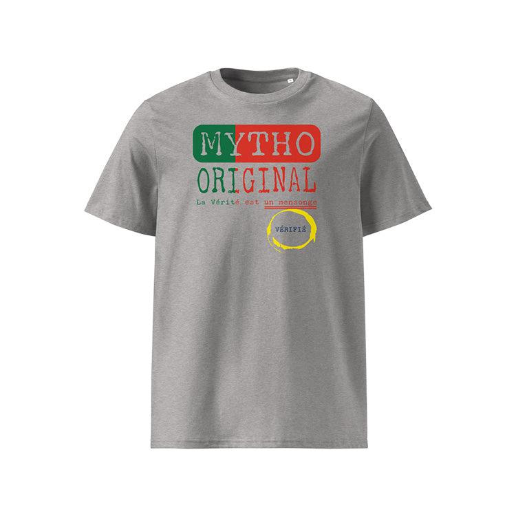 T-shirt unisexe gris clair, vu de face et portant le design "Mytho Original" aux couleurs du Portugal