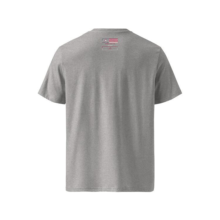 T-shirt unisexe gris clair, vu de dos et portant l'étiquette de la collection "Mytho" aux couleurs des USA