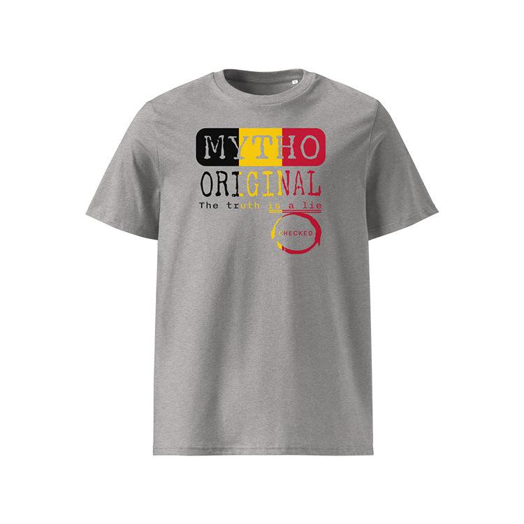 T-shirt unisexe gris clair, vu de face et portant le design "Mytho Original" en version anglaise et aux couleurs de la Belgique