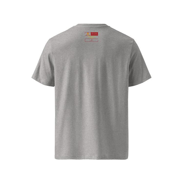 T-shirt unisexe gris clair, vu de dos et portant l'étiquette de la collection 