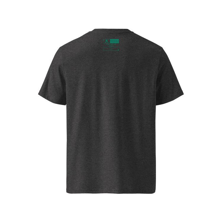 T-shirt unisexe gris foncé, vu de dos et portant l'étiquette de la collection "Ignorance" coloré en vert émeraude