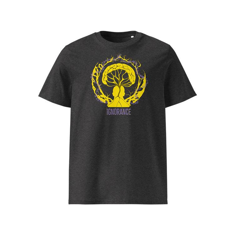 T-shirt unisexe gris foncé, vu de face et portant le design "Ignorance" coloré en jaune soleil