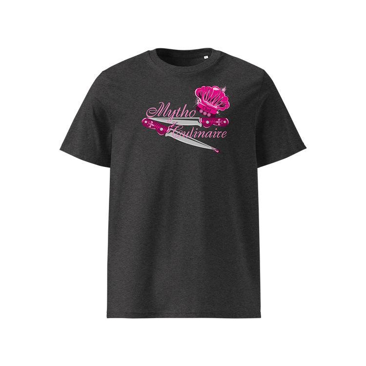 T-shirt unisexe gris foncé, vu de face et portant le design "Mytho Culinaire" coloré en magenta