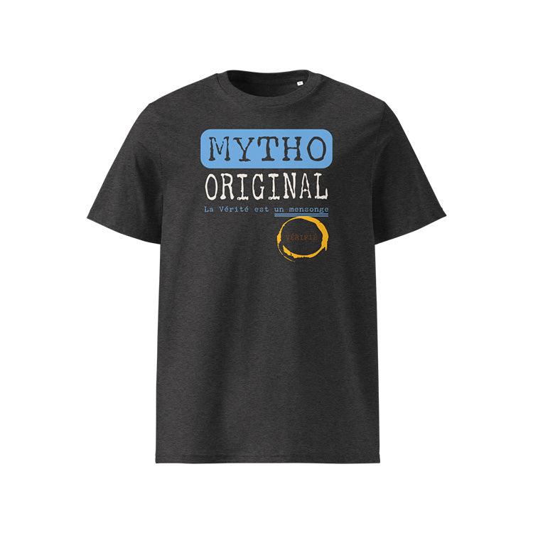 T-shirt unisexe gris foncé, vu de face et portant le design "Mytho Original" aux couleurs de l'Argentine