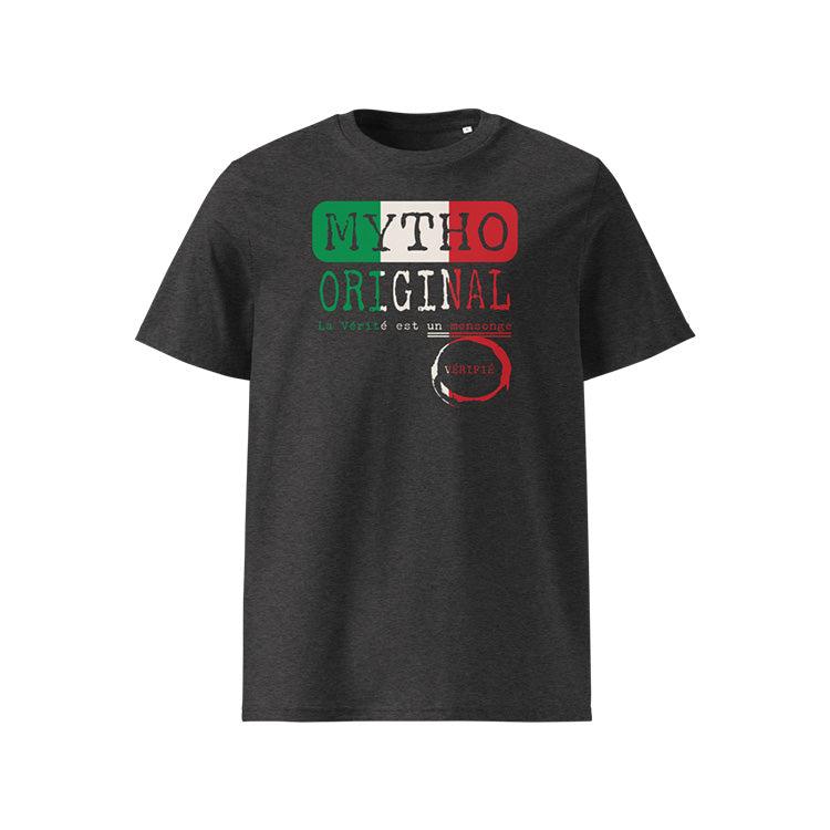 T-shirt unisexe gris foncé, vu de face et portant le design "Mytho Original" aux couleurs de l'Italie