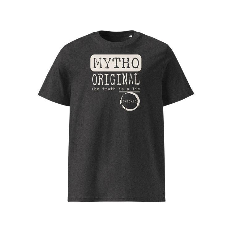 T-shirt unisexe gris foncé, vu de face et portant le design "Mytho Original" en version anglaise et coloré en blanc craie