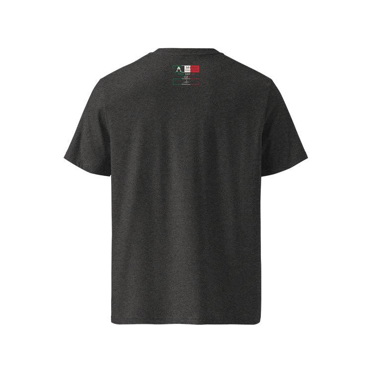 T-shirt unisexe gris foncé, vu de dos et portant l'étiquette de la collection "Mytho" aux couleurs de l'Italie