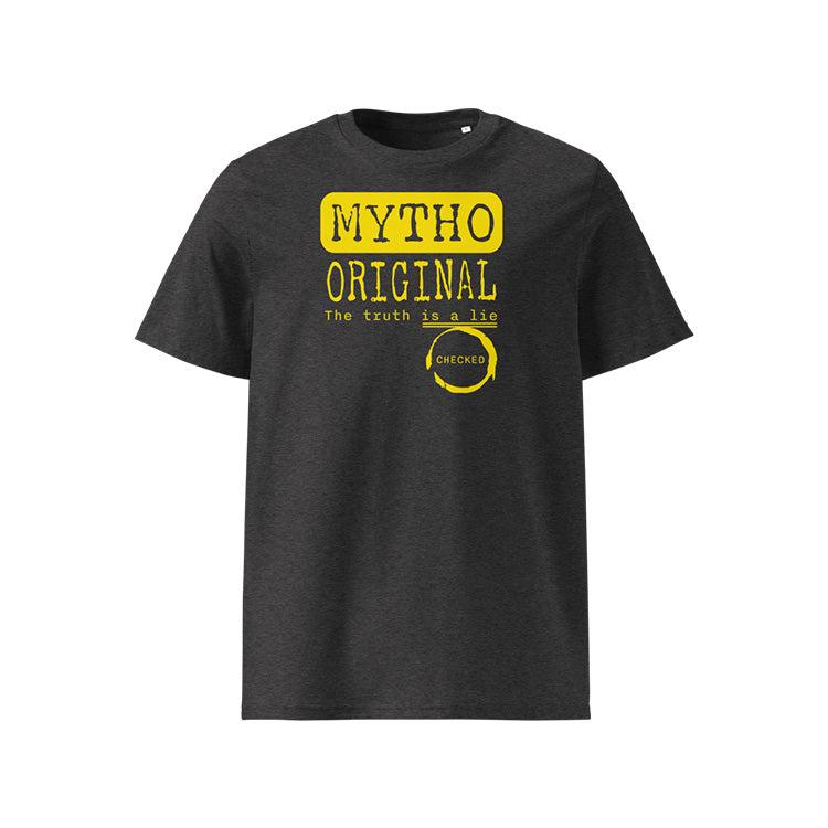 T-shirt unisexe gris foncé, vu de face et portant le design "Mytho Original" en version anglaise et coloré en jaune soleil