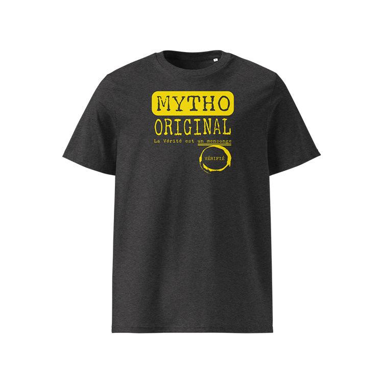 T-shirt unisexe gris foncé, vu de face et portant le design "Mytho Original" coloré en jaune soleil