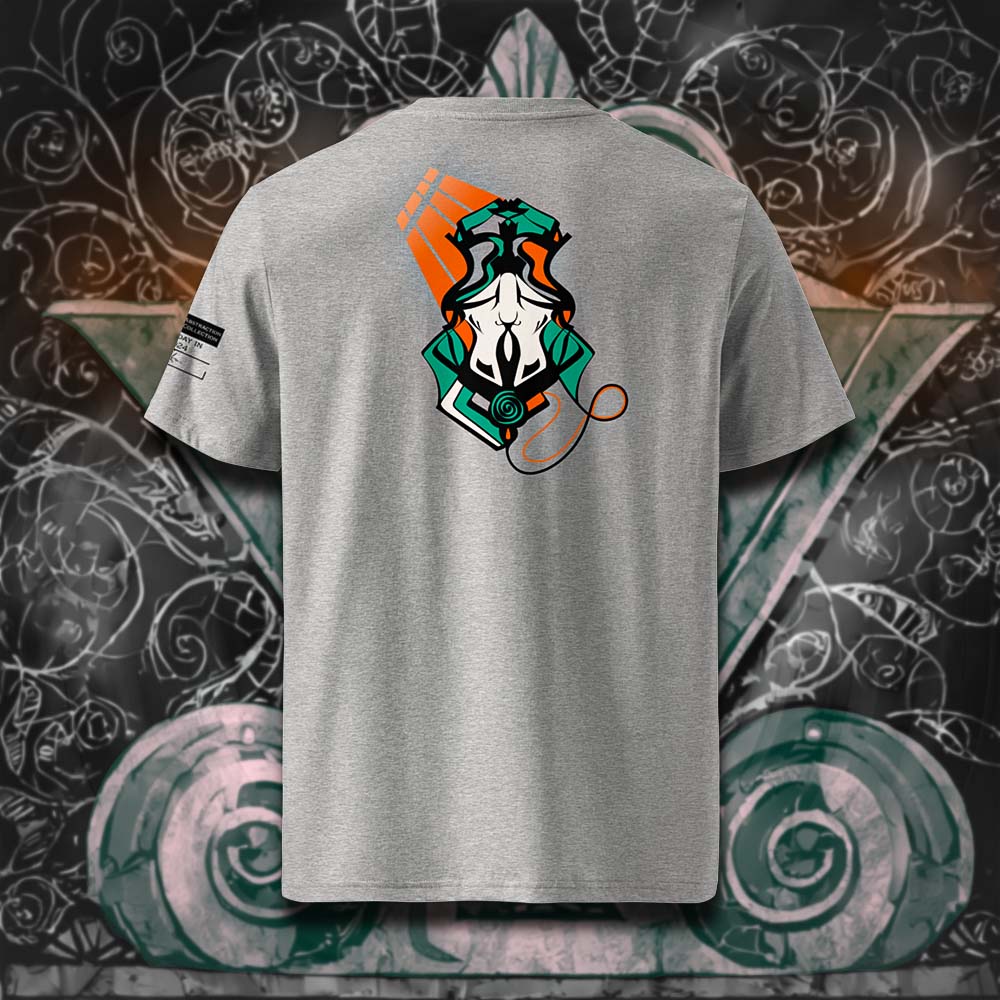 T-shirt unisexe gris clair, vu de dos et portant le design "Abstraction 2" coloré en noir et vert émeraude