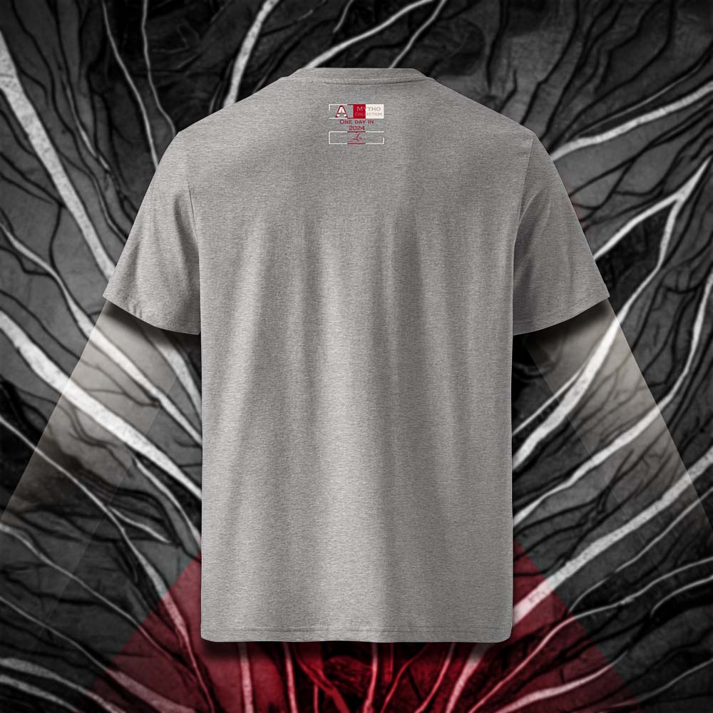 T-shirt unisexe gris clair, vu de dos et portant l'étiquette de la collection 