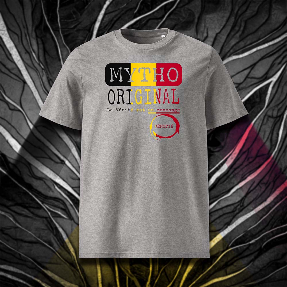 T-shirt unisexe gris clair, vu de face et portant le design "Mytho Original" aux couleurs de la Belgique