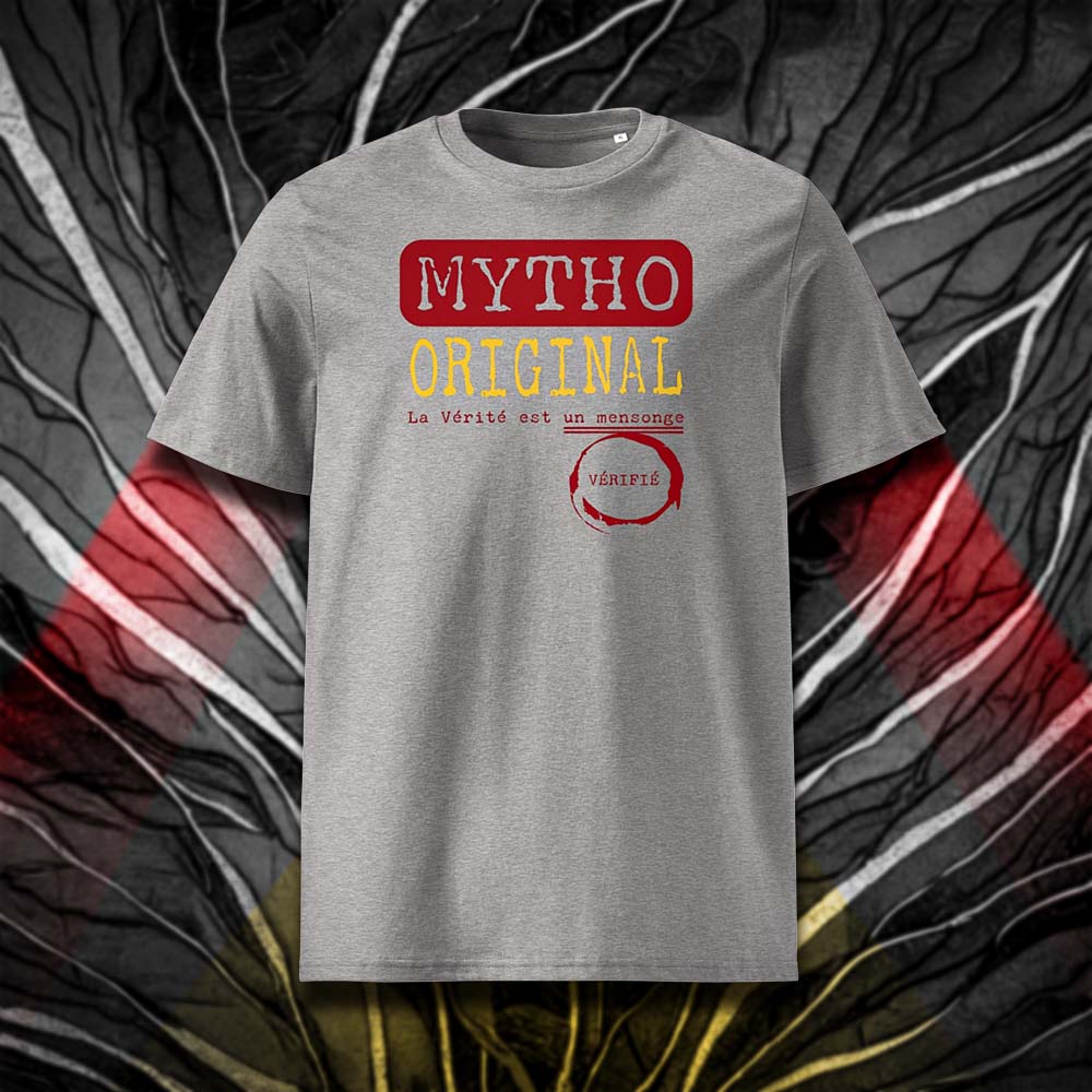 T-shirt unisexe gris clair, vu de face et portant le design "Mytho Original" aux couleurs de l'Espagne