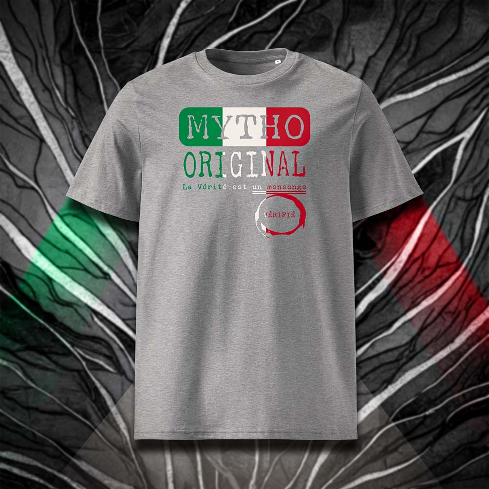 T-shirt unisexe gris clair, vu de face et portant le design "Mytho Original" aux couleurs de l'Italie