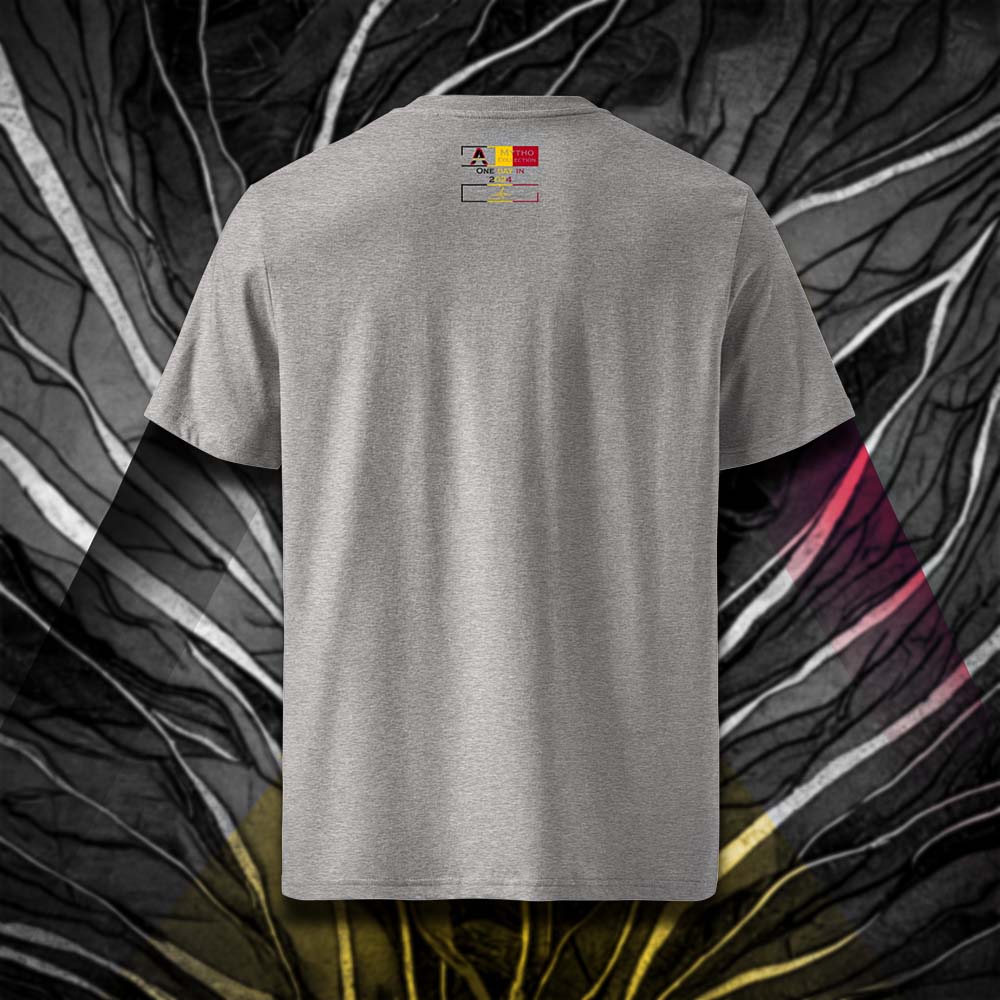 T-shirt unisexe gris clair, vu de dos et portant l'étiquette de la collection "Mytho" aux couleurs de la Belgique