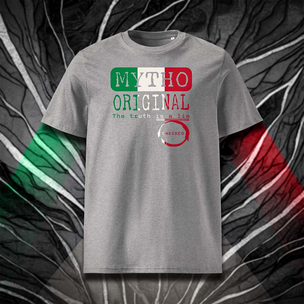 T-shirt unisexe gris clair, vu de face et portant le design "Mytho Original" en version anglaise et aux couleurs de l'Italie